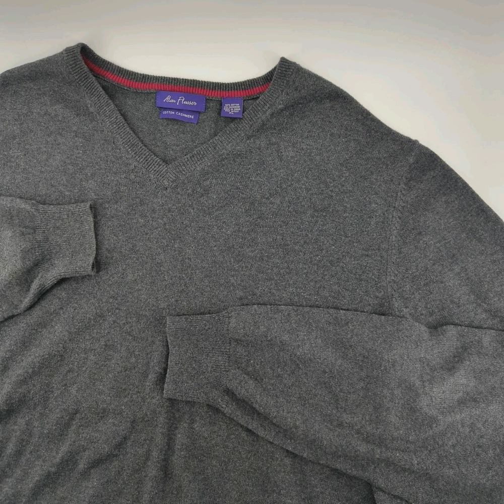 Alan Flusser V Neck Pullover Long Sleeve Sweater‎ Cotton Cashmere XL Gray